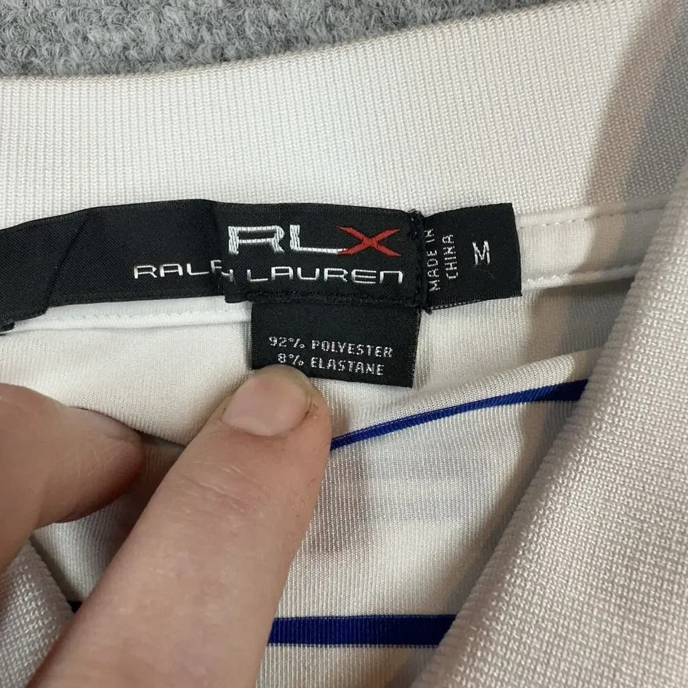 RLX Ralph Lauren Golf Polo Shirt Mens M White Blue Stripe Stretch Performance